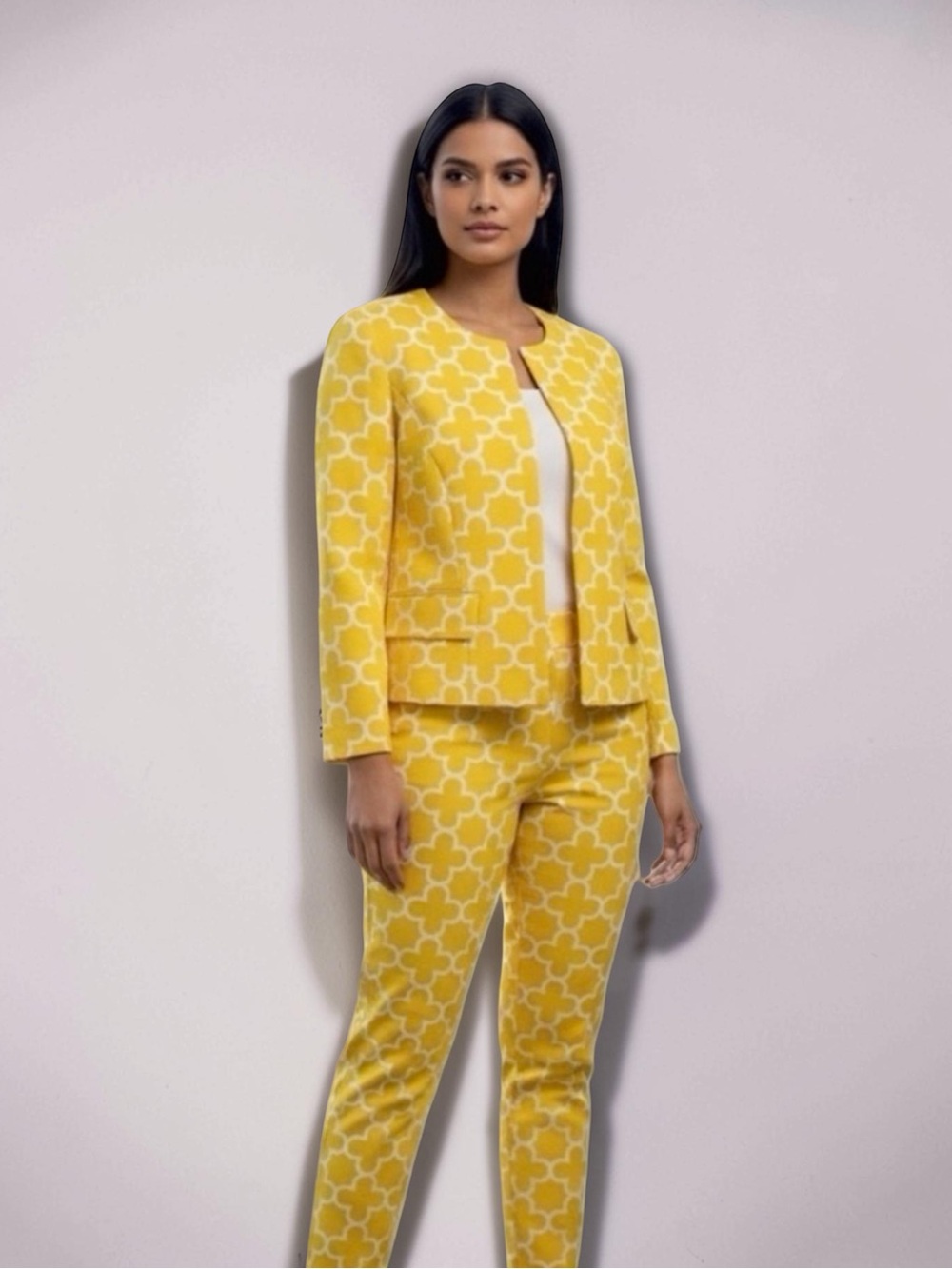 Elliott Lauren Vintage Patterned Women's Jacket & Pants Set. Yellow. Size 6 - Picture 2 of 11